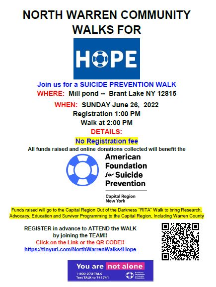 NW Walk for HOPE Sunday, June 26th @ 2pm Brant Lake NY